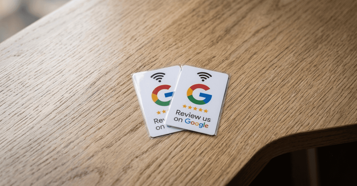 Két NFC-s Google-értékelő kártya fa asztalon